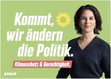 Portrait Annalena Baerbock. Aufschrift: "Kommt, wir ändern die Politik. Klimaschuz & Gerechtigkeit."