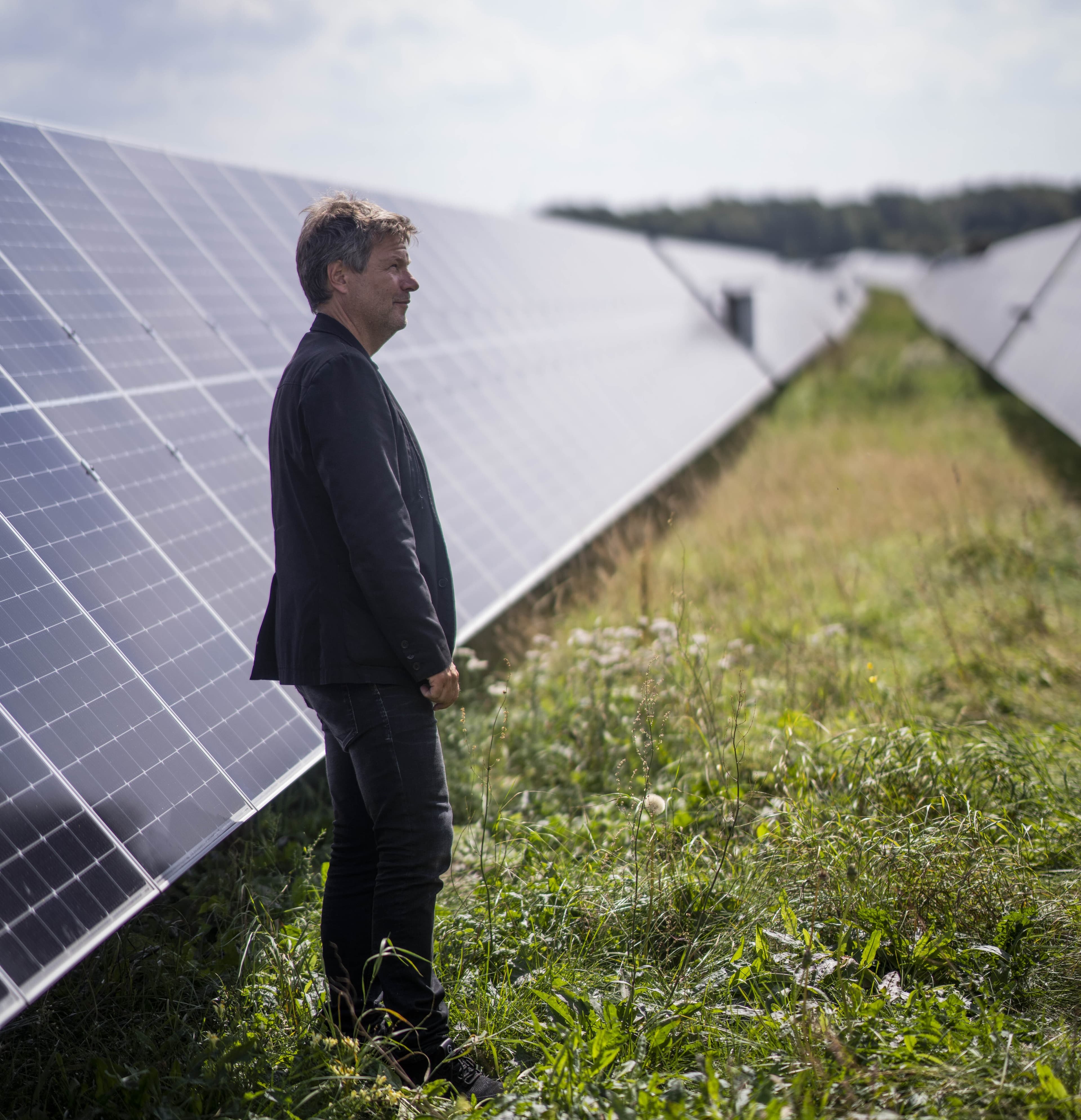 Robert Habeck steht auf einer Wiese mit einer Solaranlage